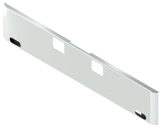 BUMPER FOR FREIGHTLINER CORONADO 122SD SET FORWARD 2010-2022 18" SQUARE ROLLED END CHROME WITH TOW HOLE AND 2 OVAL HOLES, AND THE TWO OUTER MOUNTING HOLES ARE VERTICALLY ALLIGNED