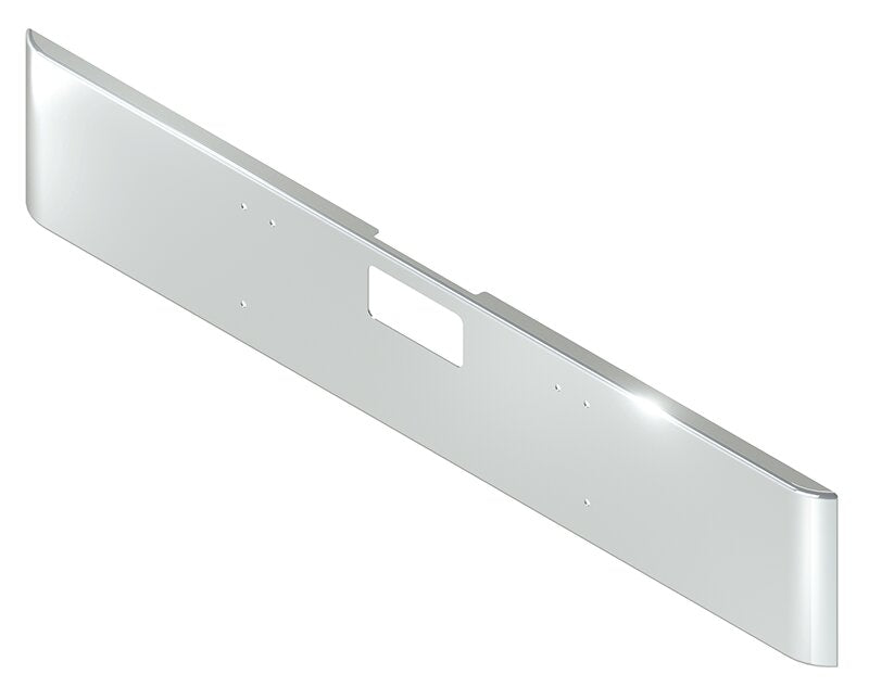 BUMPER FOR FREIGHTLINER CORONADO 122SD SET FORWARD 2010-2022 18" SQUARE ROLLED END CHROME WITH STEP HOLES, AND THE TWO OUTER MOUNTING HOLES ARE VERTICALLY ALLIGNED