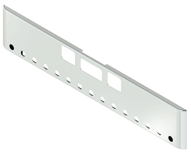 BUMPER FOR FREIGHTLINER CORONADO 122SD SET FORWARD 2010-2022 18" SQUARE ROLLED END CHROME WITH TOW HOLE & STEP HOLES AND 15 HOLES FOR 2" LIGHTS, AND THE TWO OUTER MOUNTING HOLES ARE VERTICALLY ALLIGNED