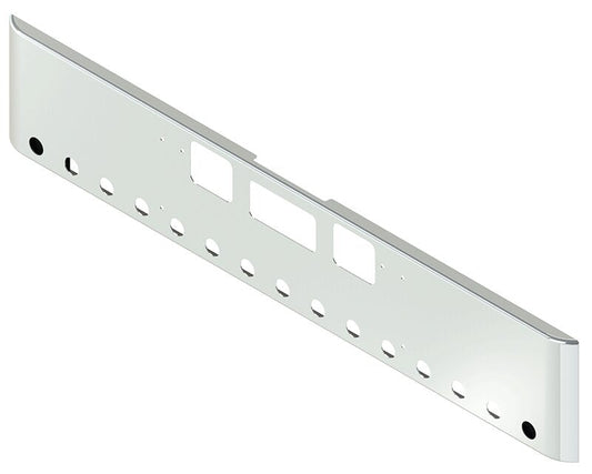 BUMPER FOR FREIGHTLINER CORONADO 122SD SET FORWARD 2010-2022 18" SQUARE ROLLED END CHROME WITH TOW HOLE & STEP HOLES AND 15 HOLES FOR 2" LIGHTS, AND THE TWO OUTER MOUNTING HOLES ARE VERTICALLY ALLIGNED