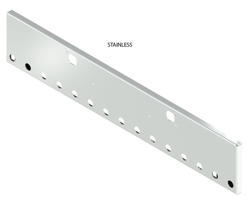 BUMPER FOR KENWORTH W900B 1982-2010 & W900L 1982-2022 18" BOXED END STAINLESS STEEL WITH TOW HOLE AND 15 HOLES FOR 2" LIGHTS, NO CUTOUT ON THE TOP LIP