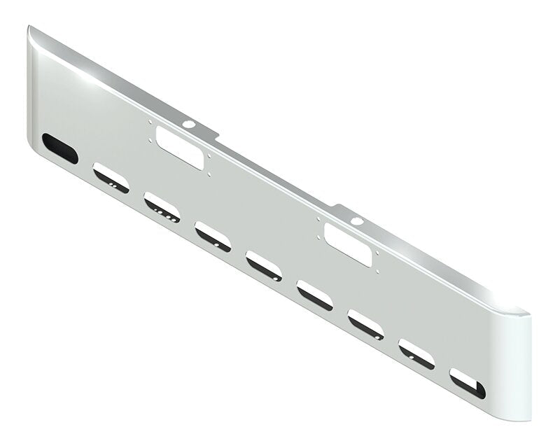 BUMPER FOR PETERBILT 352 CABOVER 1967-1980 & 359 CONVENTIONAL 1967-1986 18" SQUARE ROLLED END CHROME WITH TOW HOLE AND 9 OVAL HOLES