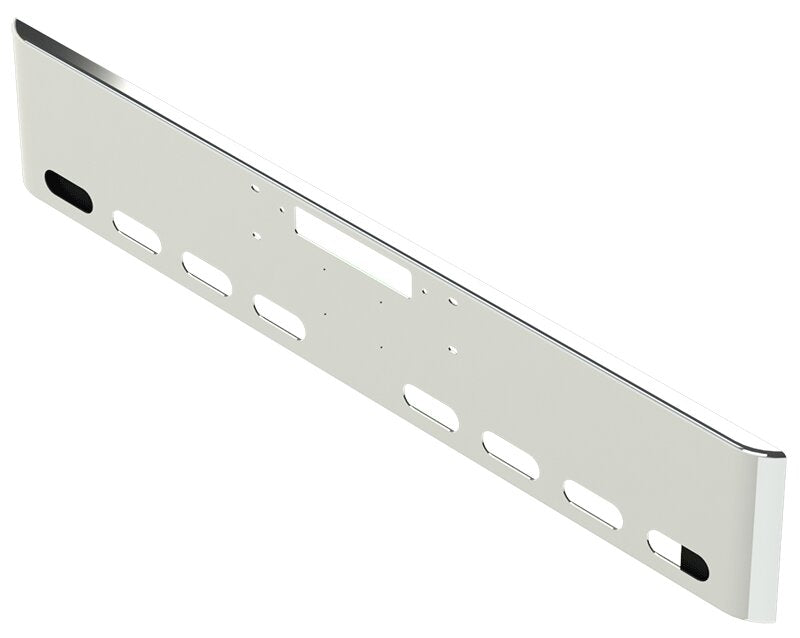 BUMPER FOR WESTERN STAR 4900SF, 4900EX, CONSTELLATION, LOWMAXX, HERITAGE 1989-2007 18" SQUARE ROLLED END CHROME WITH TOW HOLE AND 8 OVAL HOLES, LICENSE PLATE HOLES